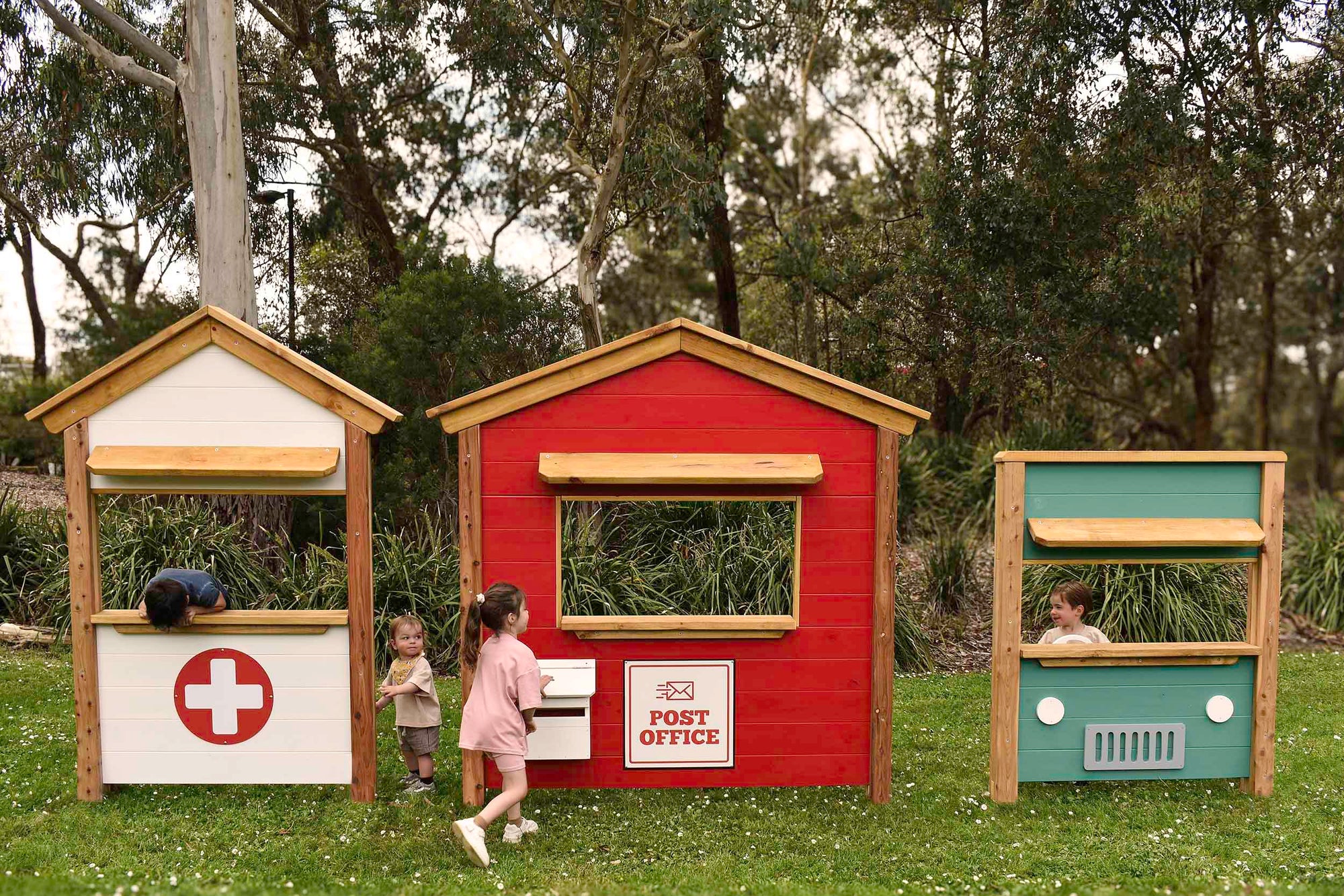 Kids imagination play in Shop Front Cubby Houses. Built for primary schools, childcare and council spaces. 