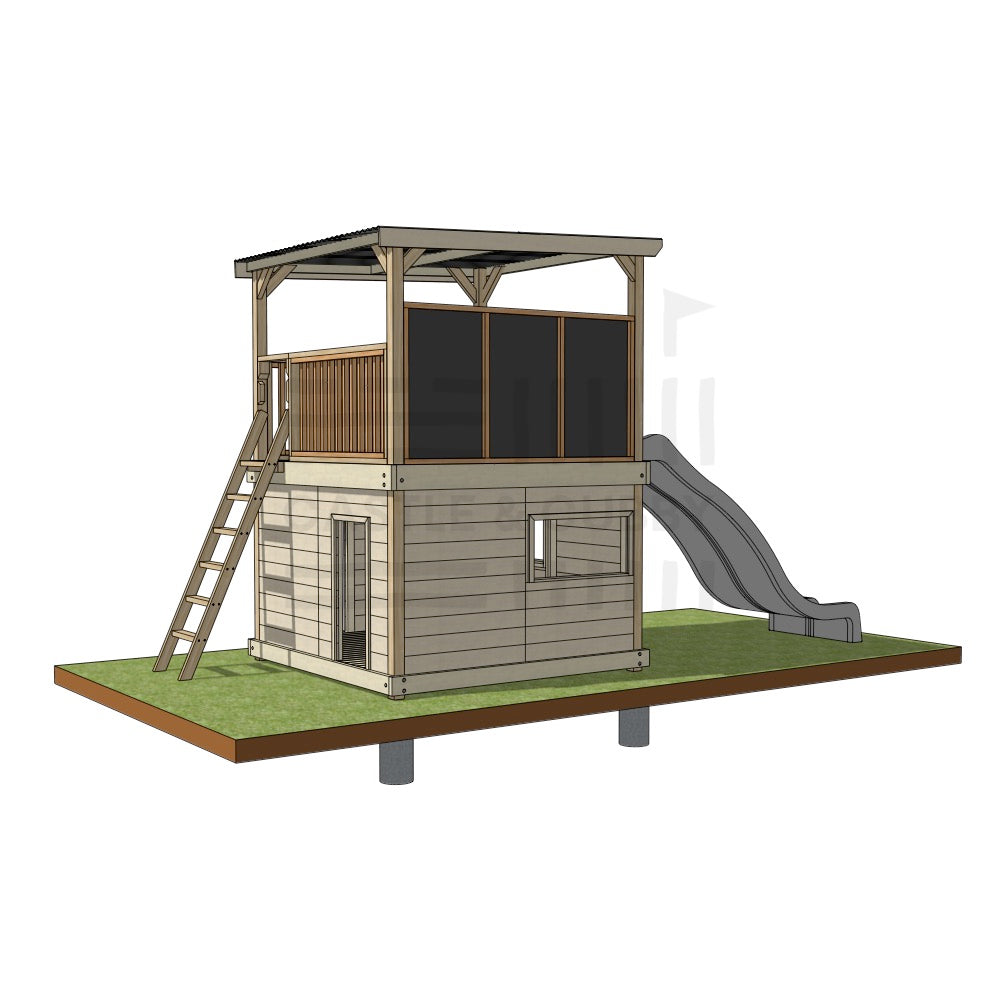 Pine timber cubby house with platform on roof, slide, and chalkboard